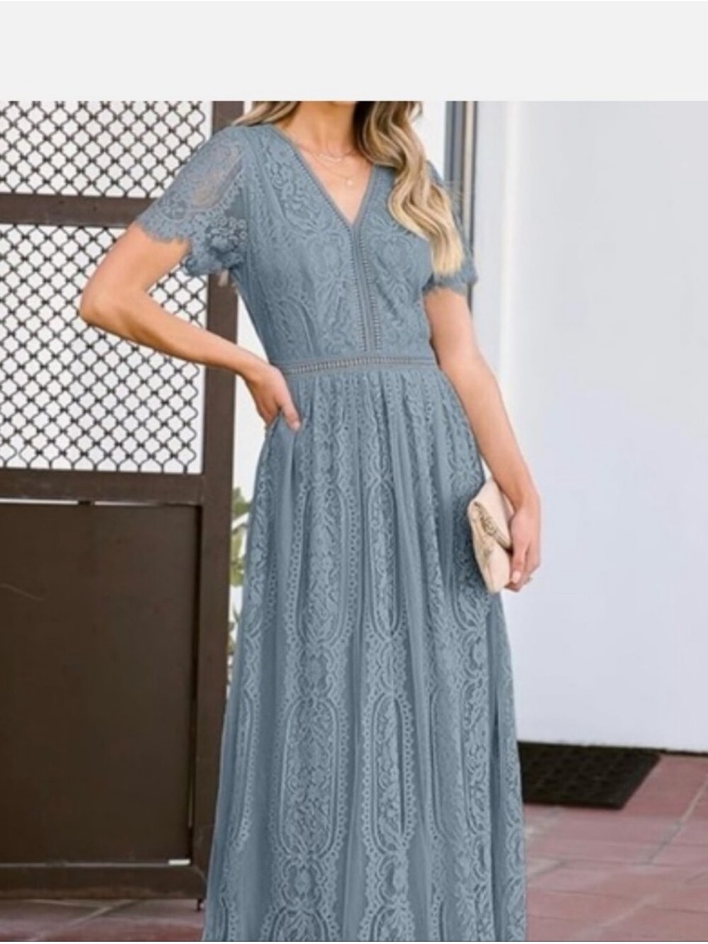 NWT-Lace V-Neck Maxi Dress in Dusty Blue